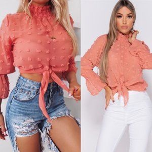 Lost In Love Coral Polka Dot Tie Front Blouse Top